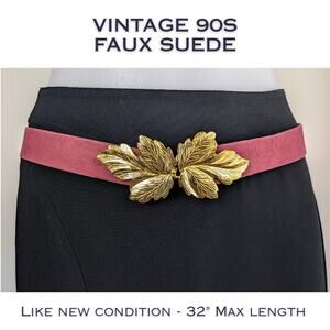 Vintage 90s Statement Belt Womens Raspberry Faux Suede Gold Leaf Buckle Bold